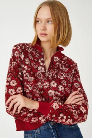 Jacquard Floral Sweater Half Zipper