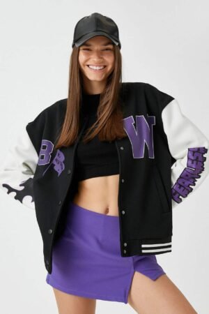 Oversize Bomber College Jacket Printed Fleece Inside