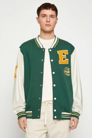 College Jacket Bomber Collar Embroidered Detailed Snap Buttons Pocket