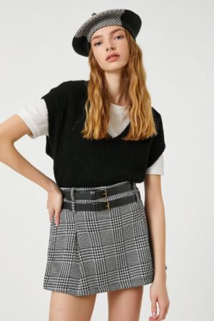 Short Skirt Double Belt Detailed Wide Pleated