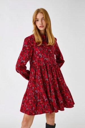 Floral Winter Dress Long Sleeve Ruffle Buttoned